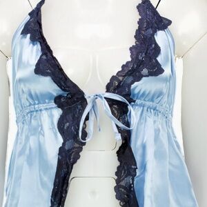 Light Blue Satin Lace-Trim Chemise with Navy Accents